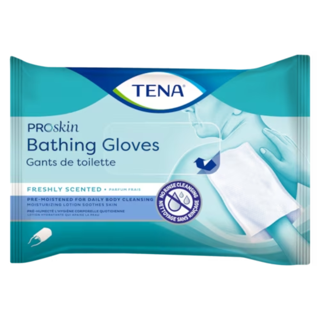 Gants de toilette TENA ProSkin avec parfum – caisse de 45 paquets de 5